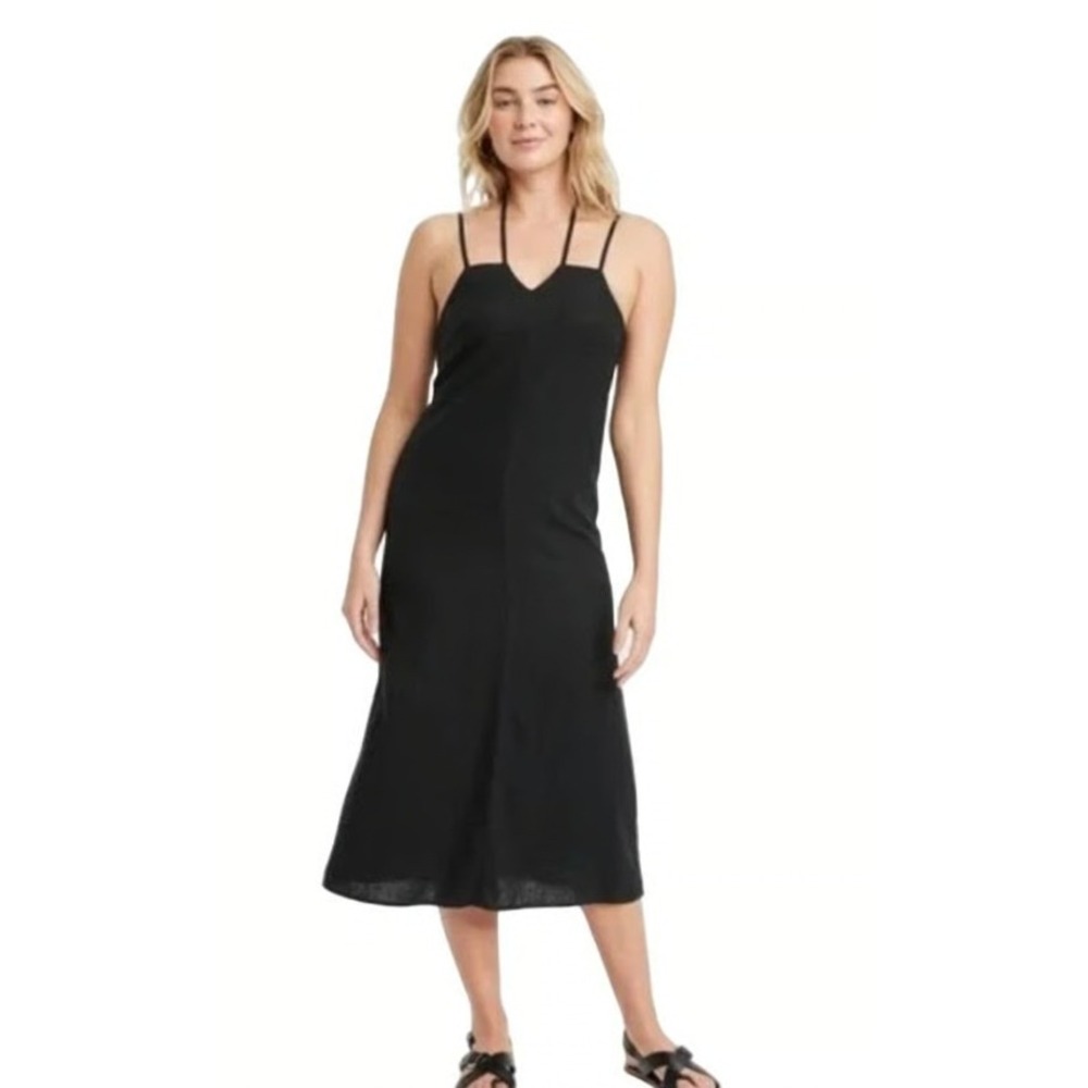 Universal Thread Black Linen Blend Halter Midi Dress XL Smocked Back Tie Neck